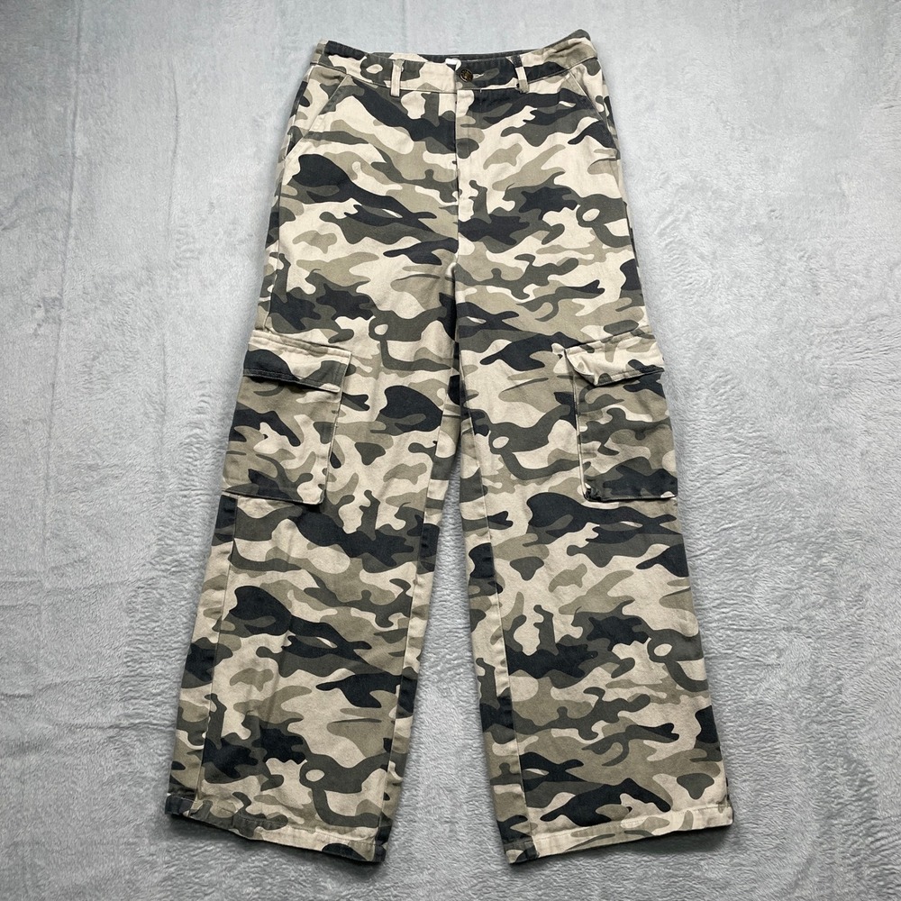SHEIN Cargo Pants Women Size 4 Green Camo Wide Leg High Rise Utility Trousers